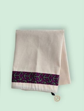 Tory Burch Natural Canvas Dust Bag with Purple & Green Trim And Logo Charm